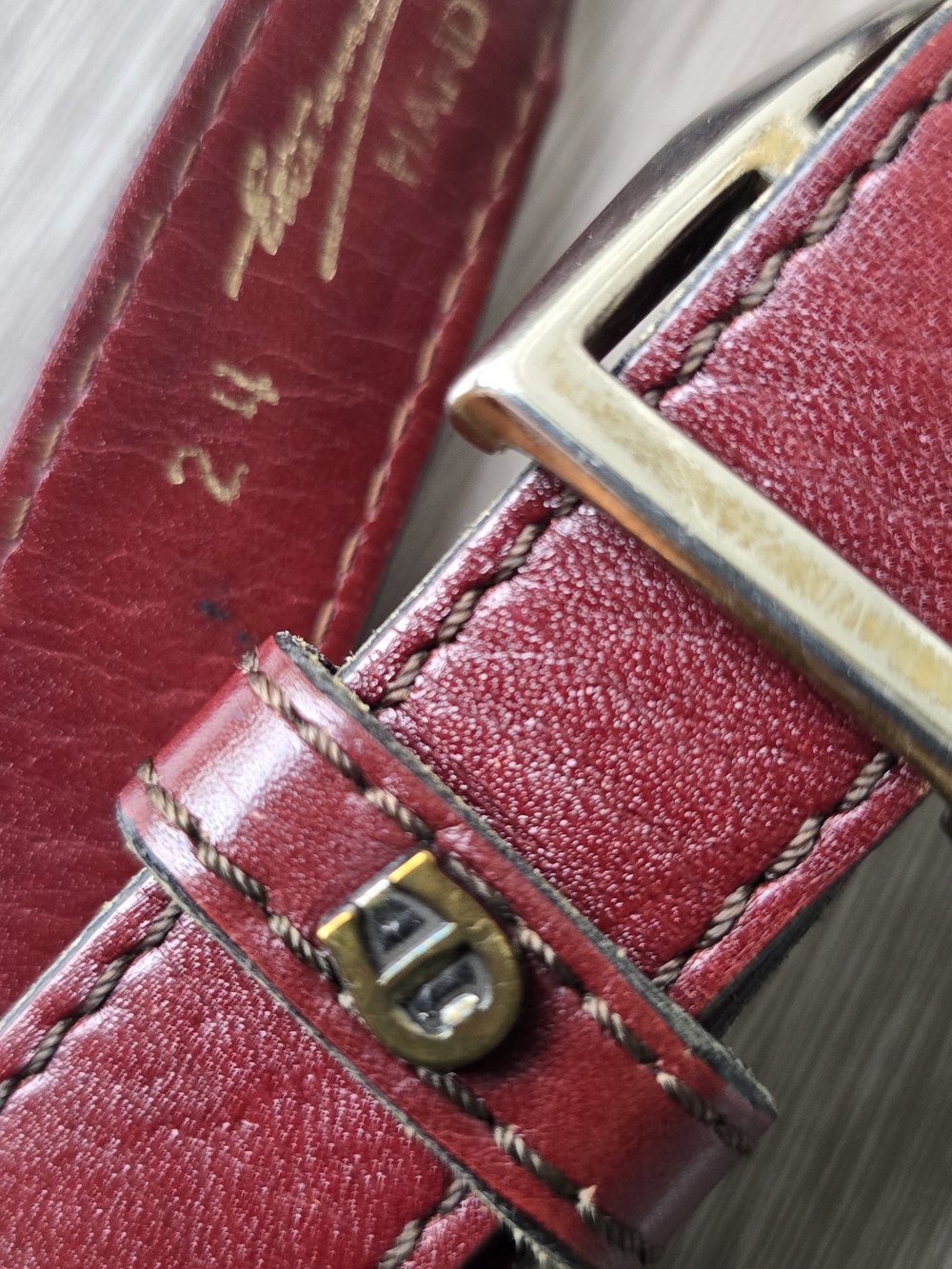 Etienne Aigner Handmade Leather Belt Burgundy Red Rectangular Buckle Size 24